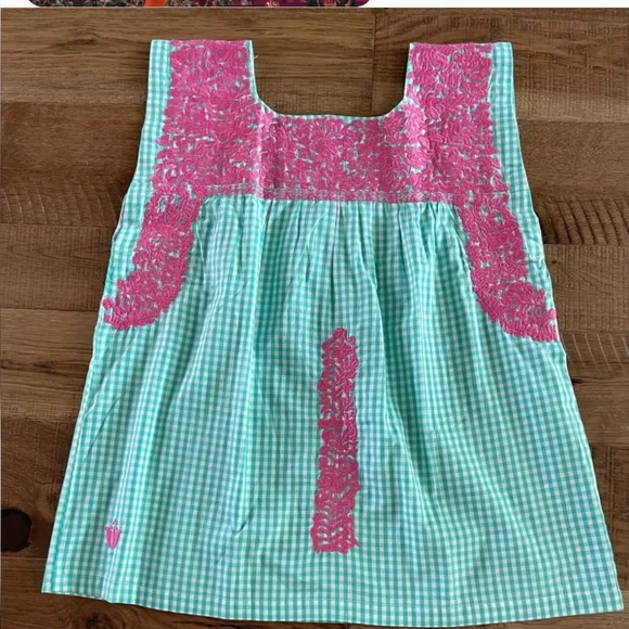 J. Marie Gingham Green Pink Embrodiery Top Sz Large - Picture 1 of 5
